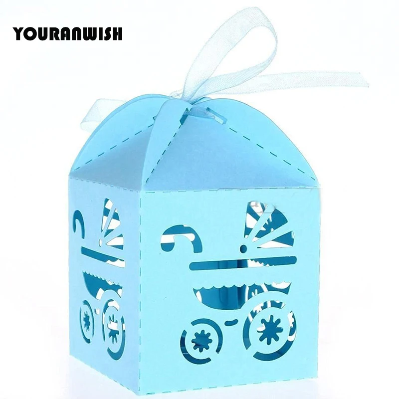 2019 New 50pcs Laser Cut Baby Carriage Favor Box Gift Candy Boxes Baby Shower Party Decoration Pink White bule