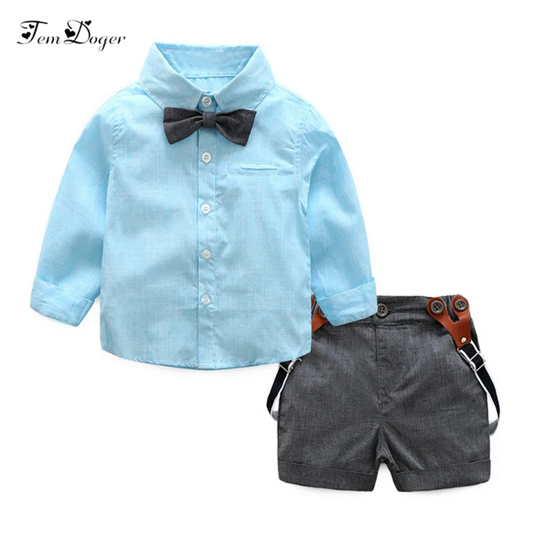 

2017 spring baby boy clothes sets tie+solid shirt+suspender shorts 3pcs suits kids clothing sets infant gentleman wedding suits