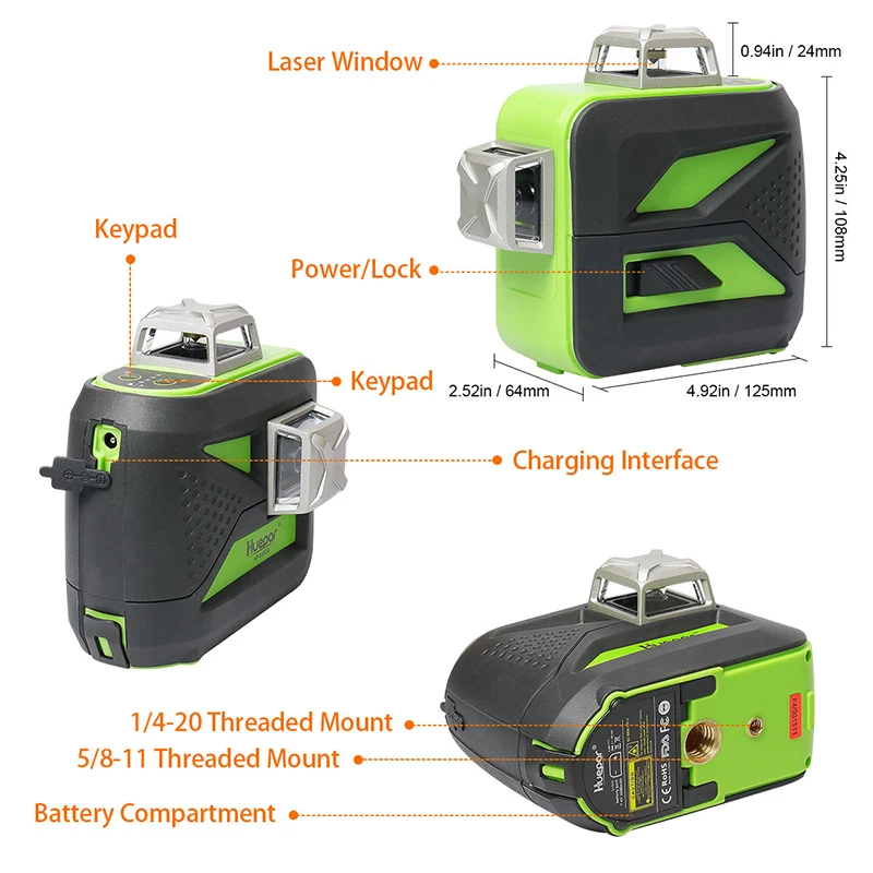 Huepar 12 Lines 3D Cross Line Laser Level Self-Leveling 360 Vertical & Horizontal Green Beam USB Charge Use Dry & Li-ion Battery