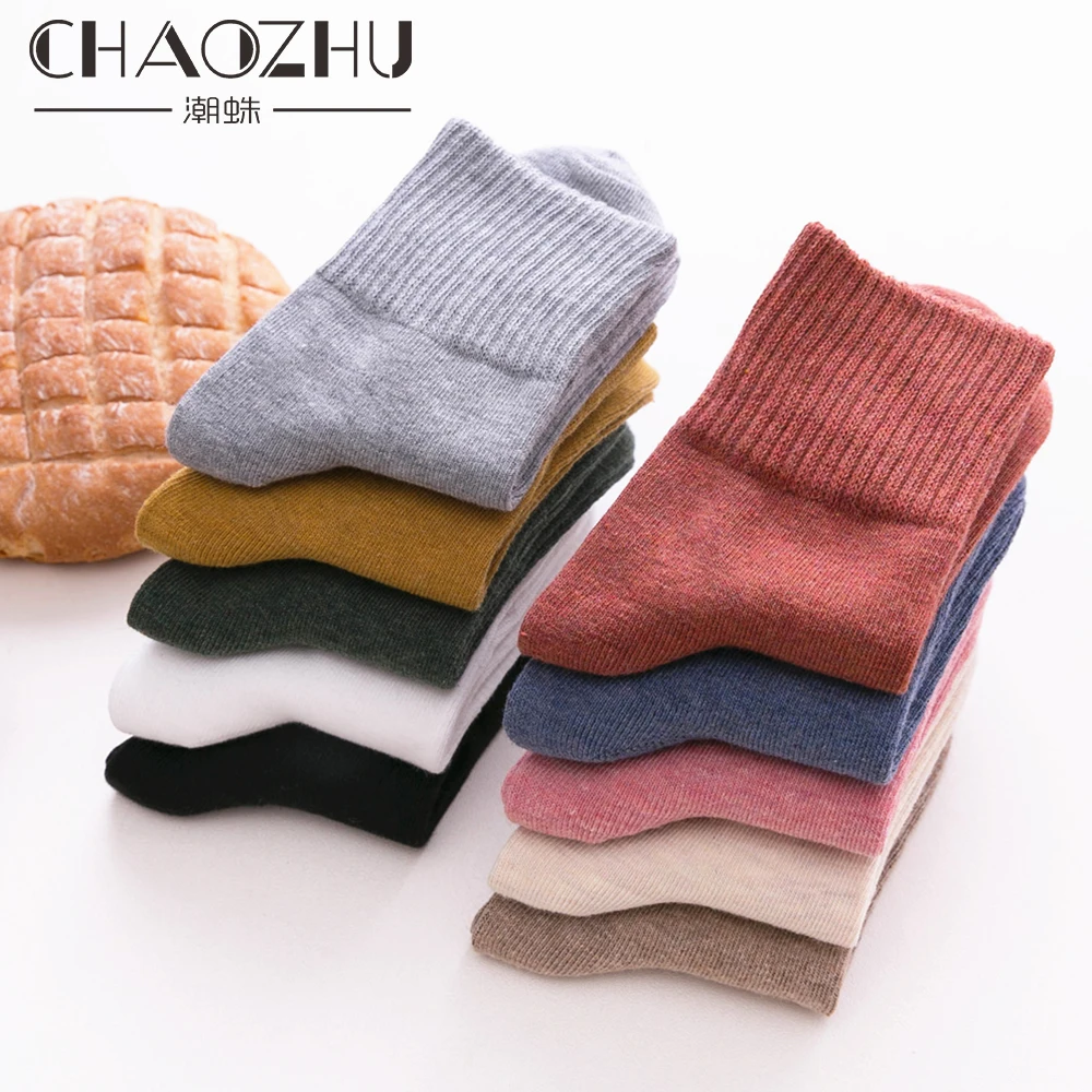 CHAOZHU-Chaussettes 100% Coton pour Femme, Couleurs Unies, Haute Qualité, Top Côtelé, Paddy, 03Basique, Coloré, Doux, Automne, Hiver