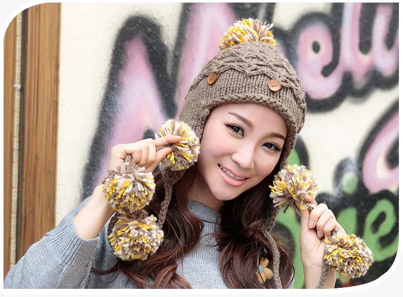 

BomHCS Button Women's Soft Thick Warm Cable Handmade Knit Beanie Hat with Color Pom 7 Hair Bulbs