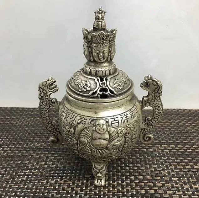 China collection archaize white copper On three sides Buddha head Incense burner