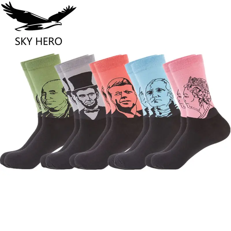 5 Pair/lot Men Happy Socks Mens Funny Cotton Colorful Painting Funny Party Dress Crew  Stocking Stuffers  Fashion  Gift for Man