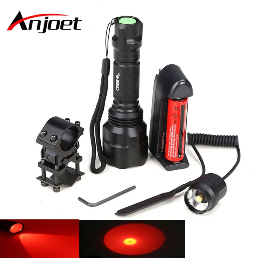 

Anjoet Hunting LED Flashlight RED Light Lighting Tactical Lantern C8 + Remote Pressure Switch+ Gun Mount 18650 Battery charger