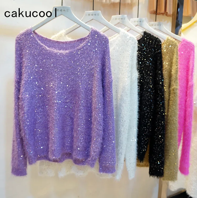 Cakucool-Pulls à paillettes pour femmes, manches longues, grand col rond, pull en cheveux de vison, pull en tricot embelli décontracté, chaud