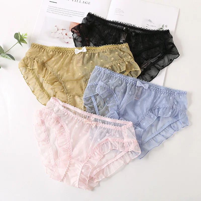 

Sexy Hollow Transparent Thin Women Underwear Dot Print Ruffle Cute Lovely Mesh Girl Panties Low Waist Breathable Female Breifs