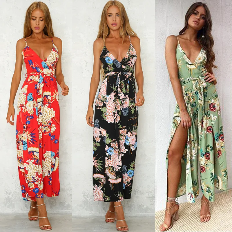 Cross-border for explosives listed summer 3 color fashion printing straps sexy side slit female jumpsuit 0903