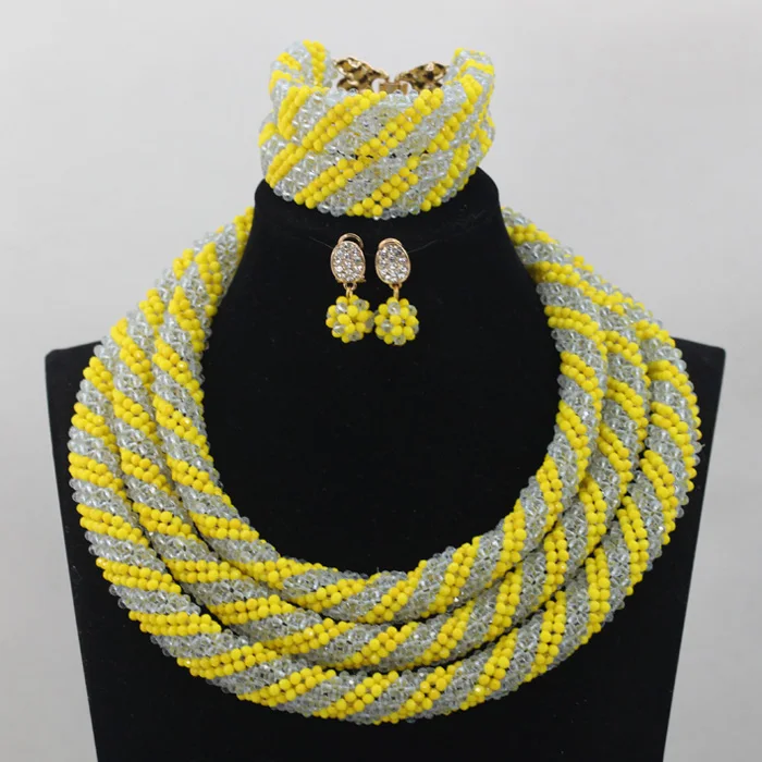 Big Flower African Costume Indian Bridal Jewelry Set Unique Silver/Yellow Crystal Handmade Bead Jewelry Set Free ShippingABL937