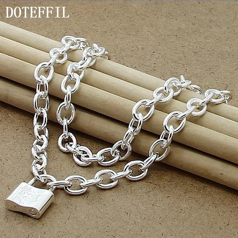 DOTEFFIL 925 Sterling Silver Square Lock Pendant Necklaces 18 Inches Chain For Women Lovers Wedding Party Jewelry