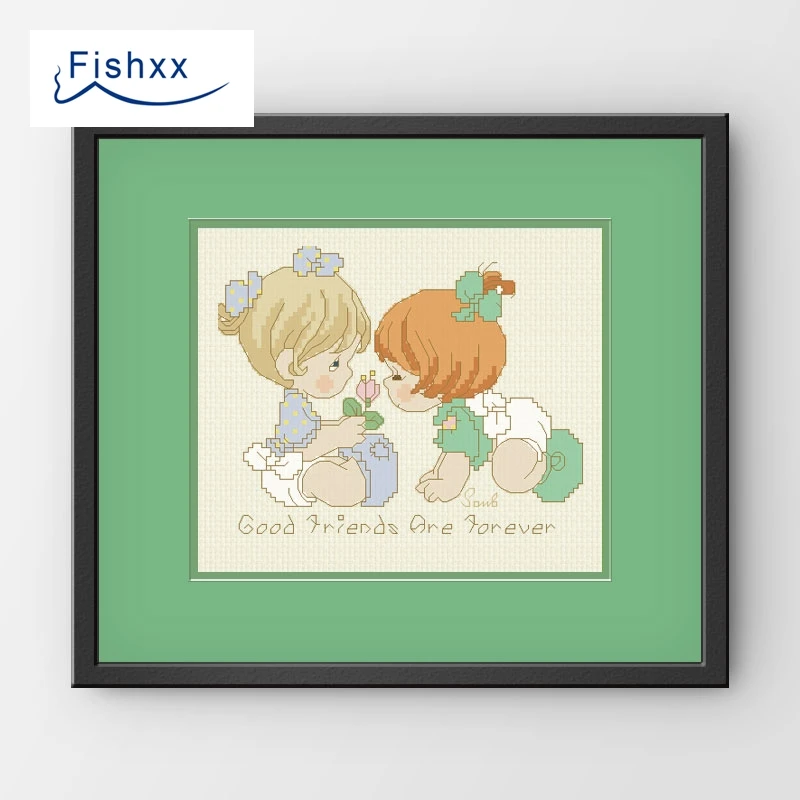 European Style Idyllic Cartoon Characters Fishxx Cross Stitch Kit H082 Two Female Baby Friends Play Smell Fragrance