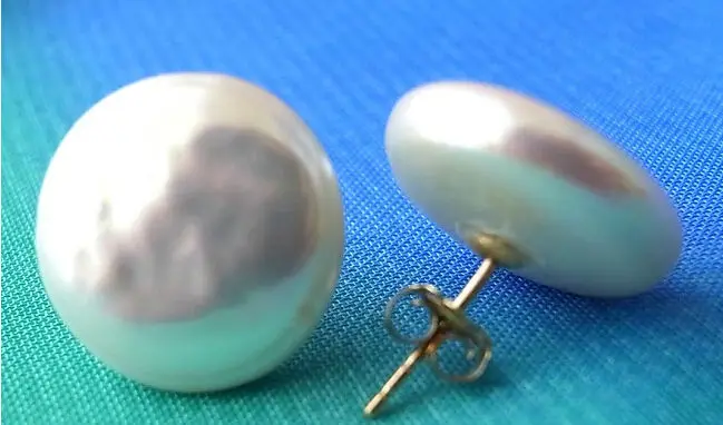 

free shipping 12-13MM WHITE COIN FRESHWATER PEARL STUD EARRING 14k/20 GOLD