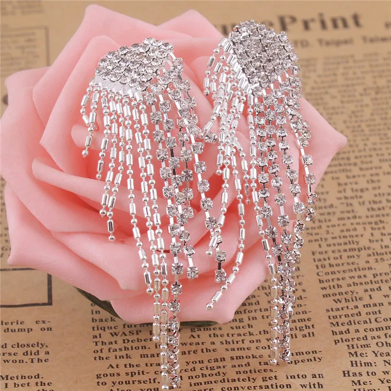 Grace Jun New Arrival Big Heart  Shape Tassel Rhinestone Clip on Earrings No Pierced Charm Chandelier Jewelry No Hole Ear Clip