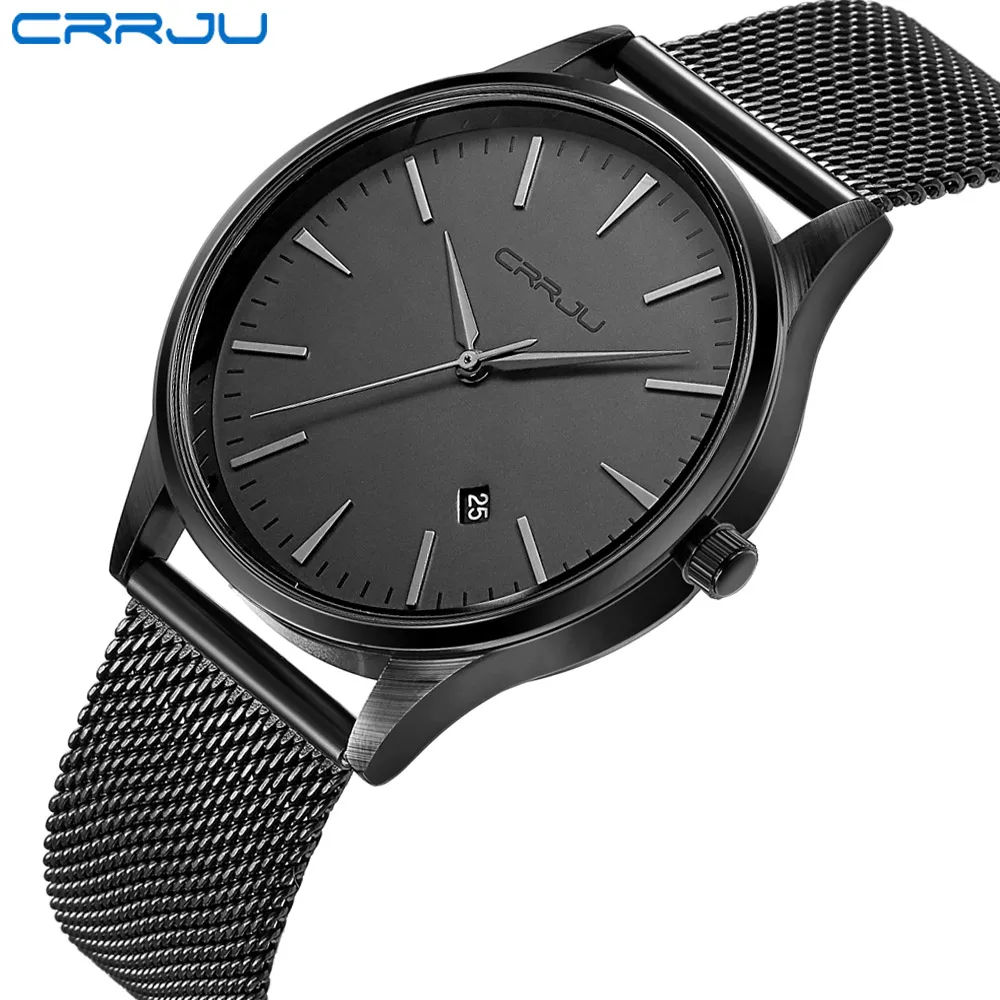 CRRJU black Watch Men Watches Top Brand Luxury Famous Wristwatch Male Clock Black Quartz Wrist Watch Calendar Relogio Masculino