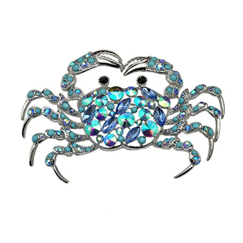 Cute blue Crab Animal silver Tone Brooch Pin Rhinestone Crystal Lapel Pin Badge breastpin