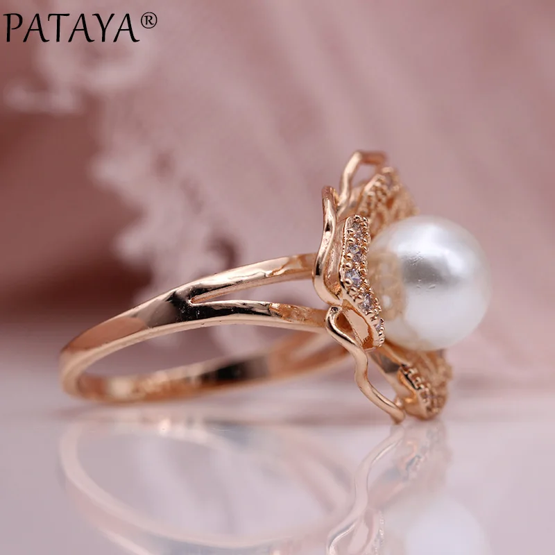 PATAYA New White Shell Pearls Earrings Rings Sets 585 Rose Gold Color Women Fashion Jewelry Set Natural Zircon Hollow Noble