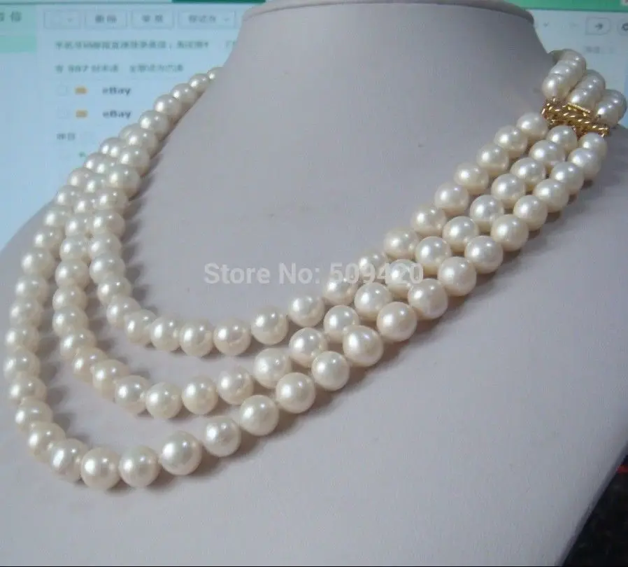 

women Fashion Jewelry 3 row strands natural 8mm akoya white pearl necklace 18"-19 gold clasp