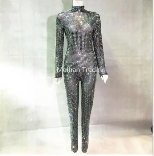 Fashion Sparkly Full Crystals Jumpsuit Prom Luxury Bodysuit Outfit Party Celebrate Glisten Crystals Costume Stage Show