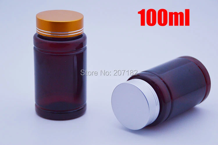 Bouteilles en PET ambre de 100ml, Capsules/pilules/poudre/vitamines, bouteilles en plastique pour médicaments, bouchons métalliques à vis or/argent, 20 pièces