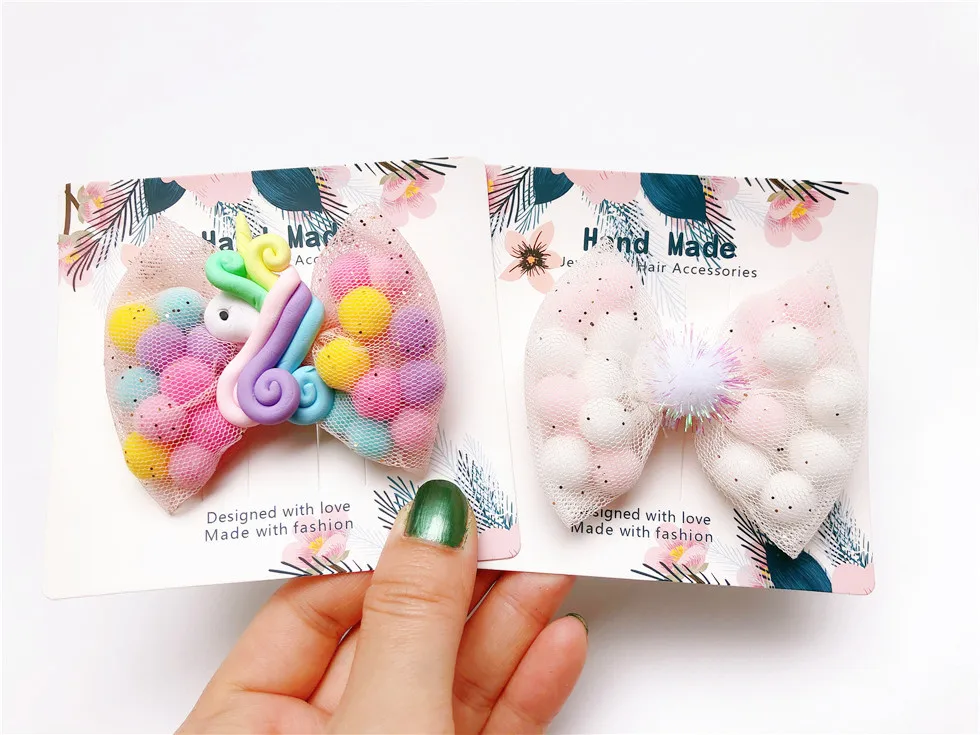 Boutique 12pcs Fashion Cute Unicorn Lollipop Bow Hairpins Solid Color Pom Pom Ball Cartoon Bowknot Hair Clips Princess Headwear