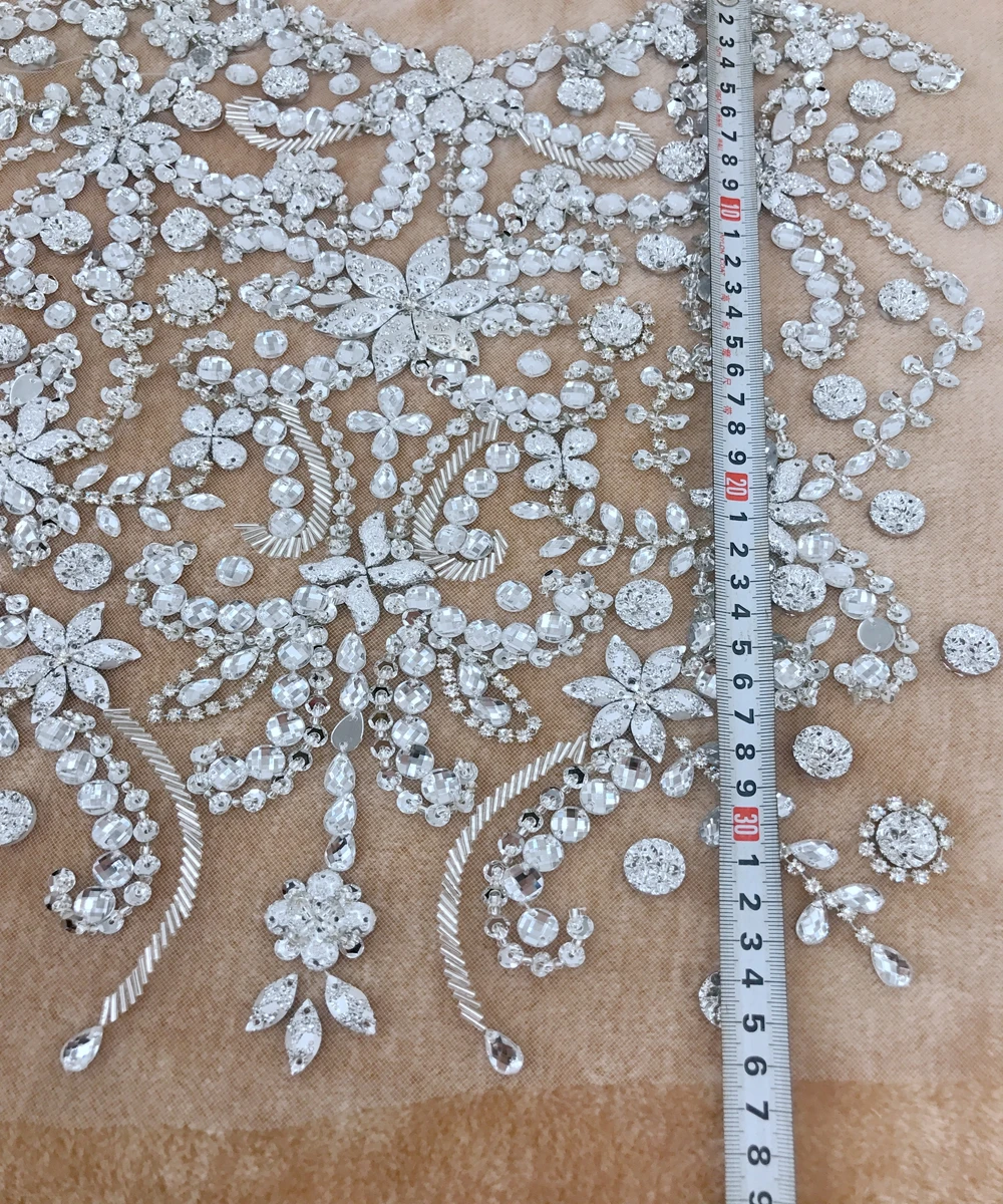 Handmad silver Rhinestones applique on mesh sew on crystal patches for wedding dress 36*35cm