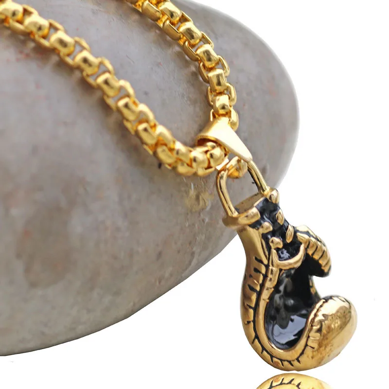 Stainless Steel chaiMuay Thai Boxing Glove Charm Pendant Necklace Gold-Color Sport Style Gym Athlete Statement Necklace Men gift