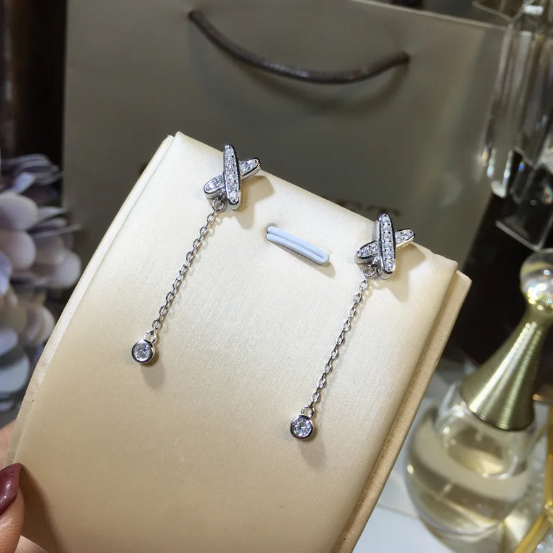 

Trendy Birthday Gift For Girls Fashion Long Tassel Drop Zircon Cross 925 Sterling Silver Women Dangle Earrings