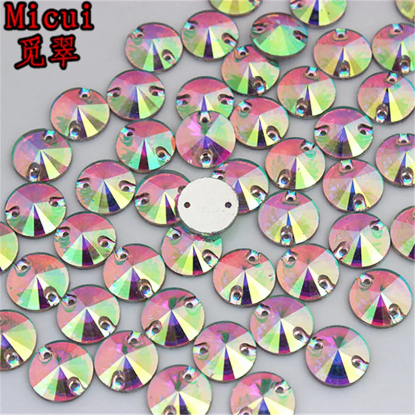 Micui 200-50pcs 8 10 12 14mm Round Sew On Crystal AB Resin Flatback Rhinestone Crystal Stones With 2 Holes for DIY Crafts MC300