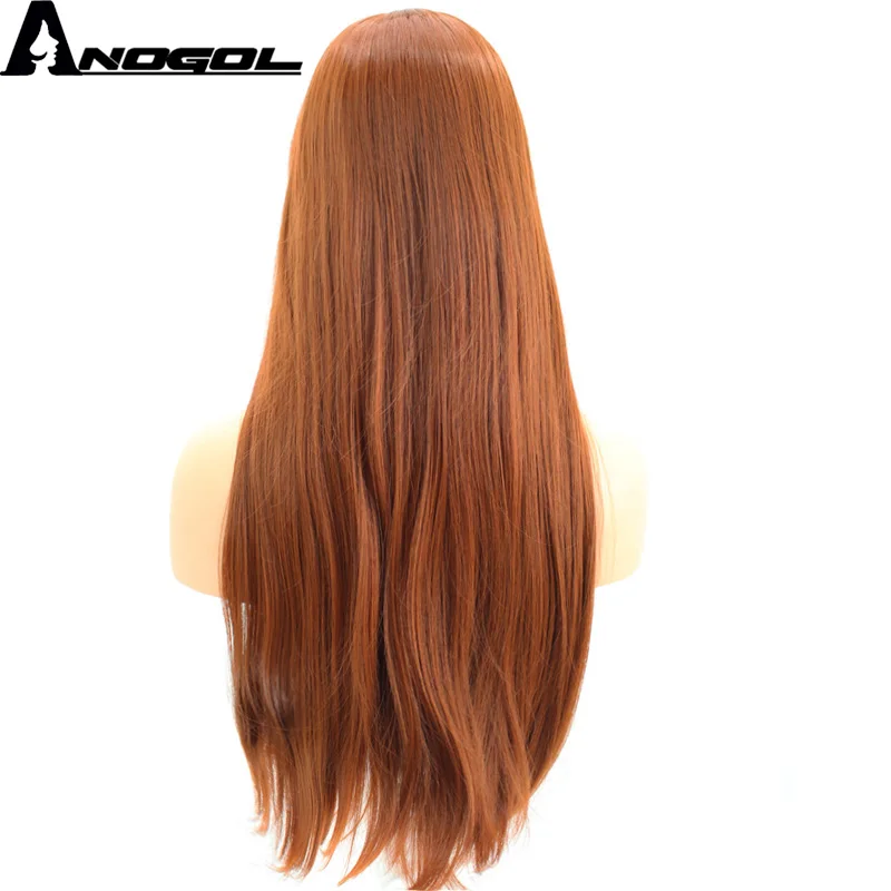 Anogol Orange Auburn Red High Temperature Fiber Natural Long Straight Synthetic Wig For Ladies Girls Women With Flat Bang Fringe