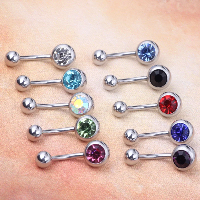 Stainless Steel CZ Single Gem Body Belly Button Ring Body Piercing Jewelry 10 color Tragus Belly navel bar