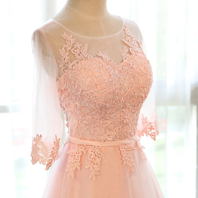 SSYFashion-Robe de Soirée en Dentelle Transparente, Rose Doux, Col Rond, Demi-Manches, Broderie, Ligne A, Longue, Tenue de Bal