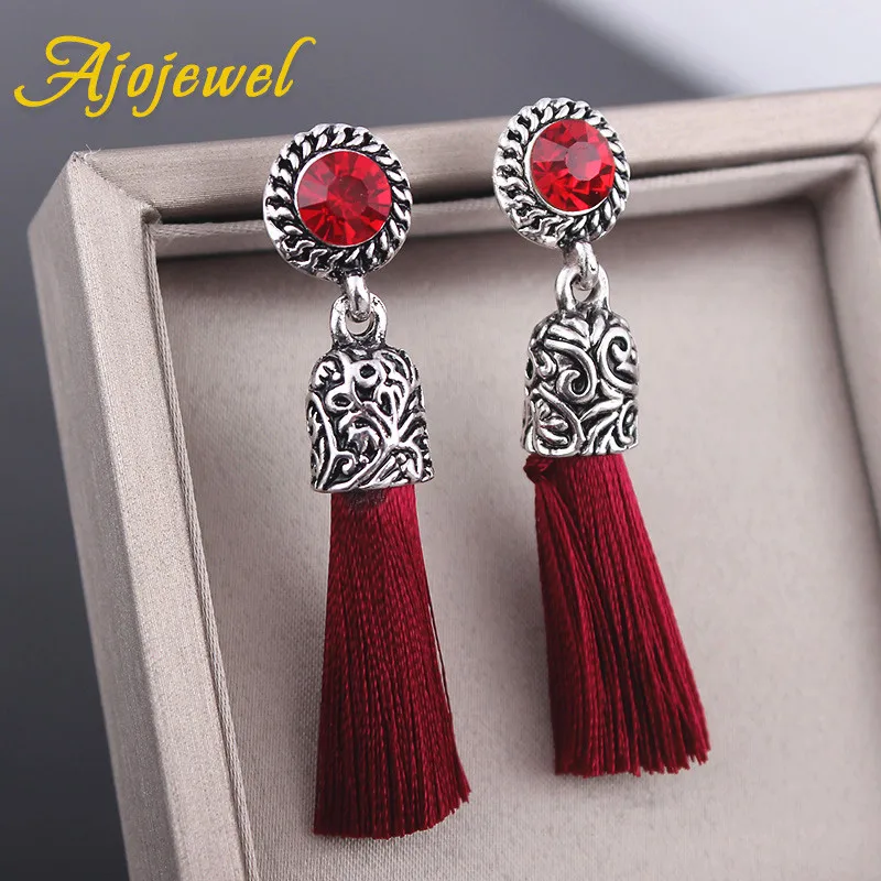 Ajojewel Antique Jewelry Round Crystal Silk Tassel Earrings For Women Vintage Jewellery Accessories