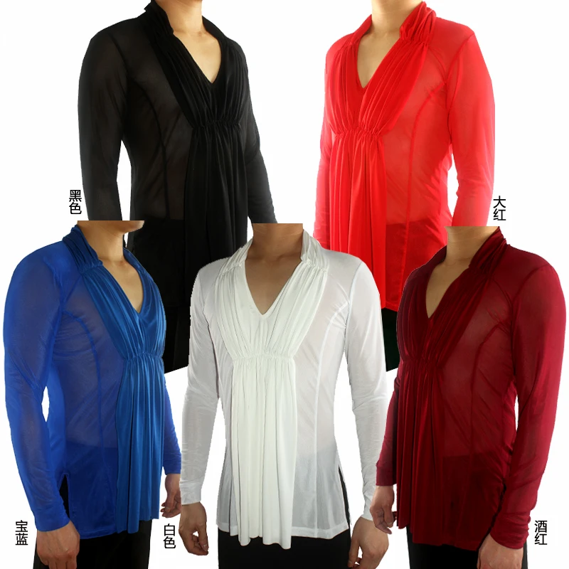 Latin Dance Shirts Men Net Yarn Transparent Long Sleeve V Collar Male Tango Salsa Dacning Competition Performance Wear DNV11327