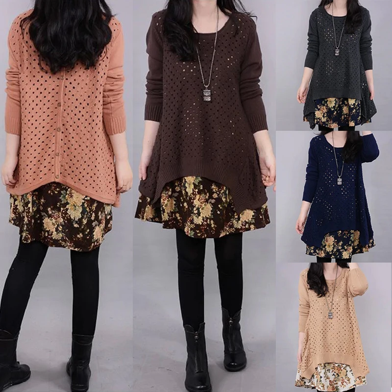 Autumn Winter Women\'s Long sleeve Knitted Floral Dress Loose Casual Party Dress