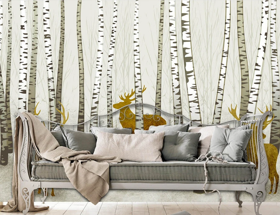 Custom 3d mural. fresh and beautiful white birch forest deer wallpaper,living room TV sof wall kids room wall papers home decor