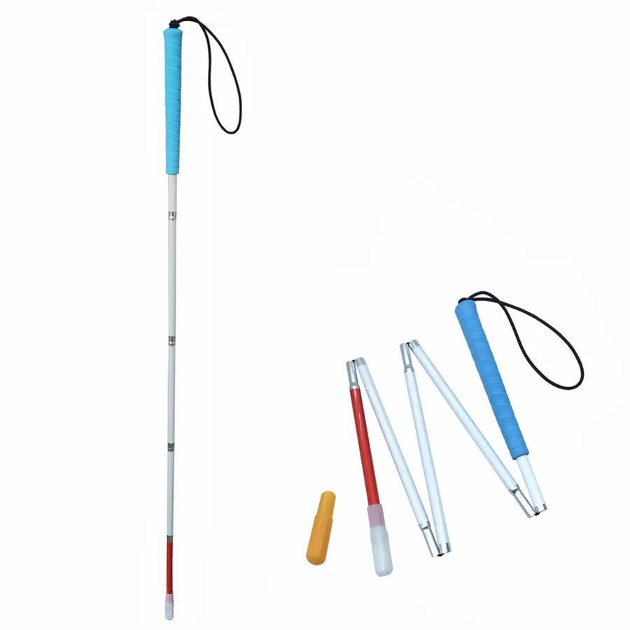 Blue Handle, 105-155cm Aluminium Folding Walking Stick for Blind and Visually Impaired,  White Cane , Reflective Red & White