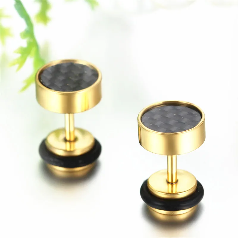 8mm Mens Black/Gold/Silver Color Stud Earrings Stainless Steel Illusion Tunnel Plug with Carbon Fiber Jewerly aretes de mujer