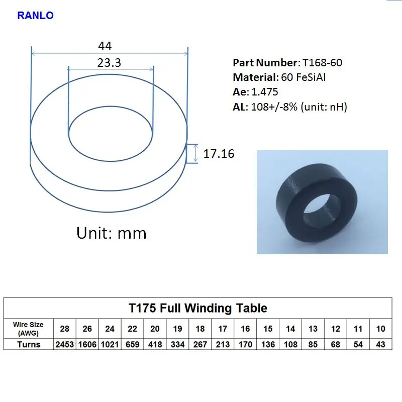 3pcs RANLO KS168060A T168-60 Sendust FeSiAl Toroidal Cores OD*ID*HT 48*23*19 mm AL: 108nH/N2 Ae: 1.475