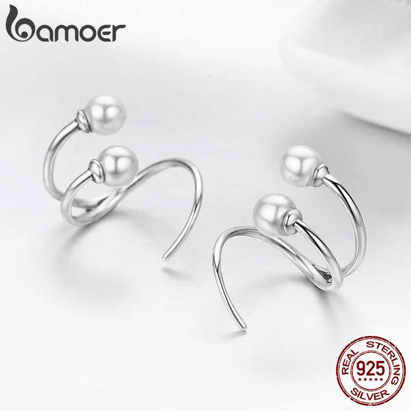 Bamoer 100% 925 Sterling Silver Anting-Anting Elegan Mutiara Anting-Anting Anting-Anting untuk Wanita Perhiasan Perak SCE306