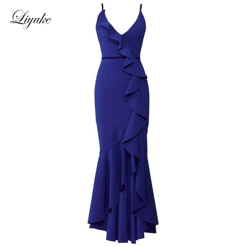 Liyuke-Vestidos Elegantes de gasa sin mangas con escote en V profundo, longitud hasta el suelo, sirena azul real, madre de la novia