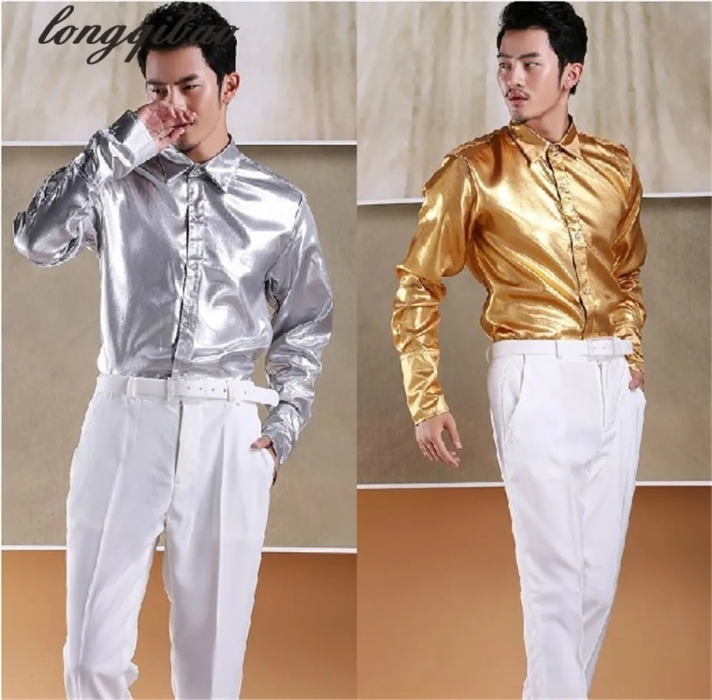 

Men's Stage Performance Silver Gold Shiny Blouse Dinner Party Chorus Photography Studio Shirt HF305