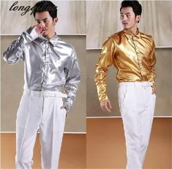 Men's Stage Performance Silver Gold Shiny Blouse Dinner Party Chorus Photography Studio Shirt HF305