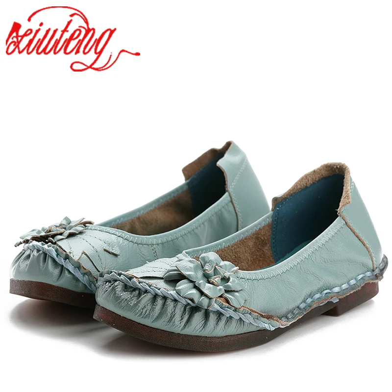 Xiuteng Genuine Leather Women Shoes Casual Flower Single Flat Round Toe Style Boat Shoes Soft Comfortable Women Flats 2021 New