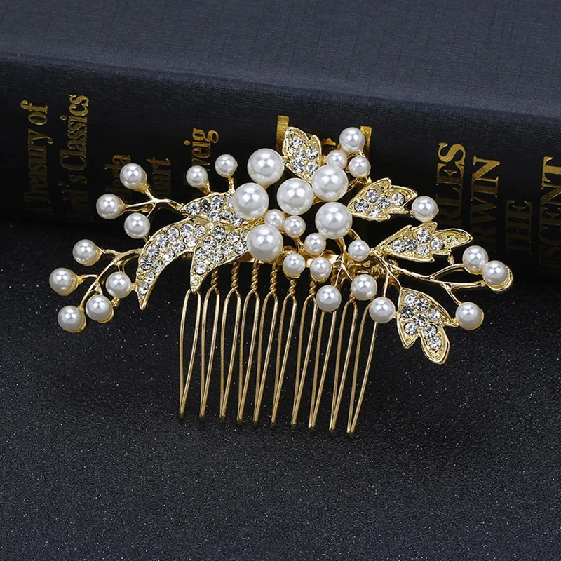 TREAZY Gold Color Wedding Hair Combs For Women Headpiece Crystal Pearls Hairpins Bridal Hair Accessories Party Hair Jewelry