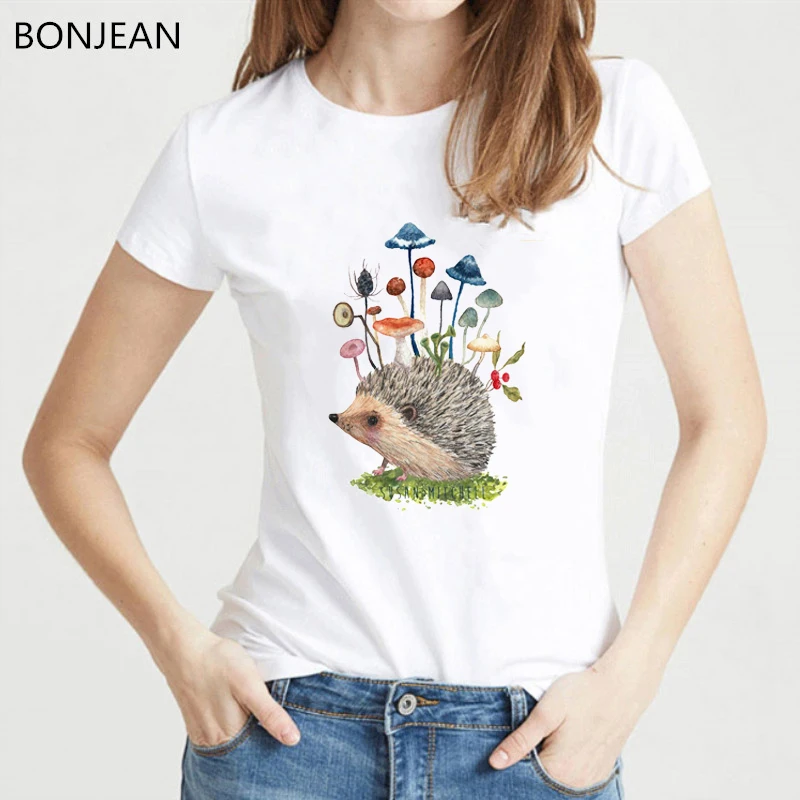 

Women Clothes 2024 Cute Butterfly Mushrooms Hedgehog T Shirt Femme White Summer Top Female Animal Print Tshirt Drop Shipping