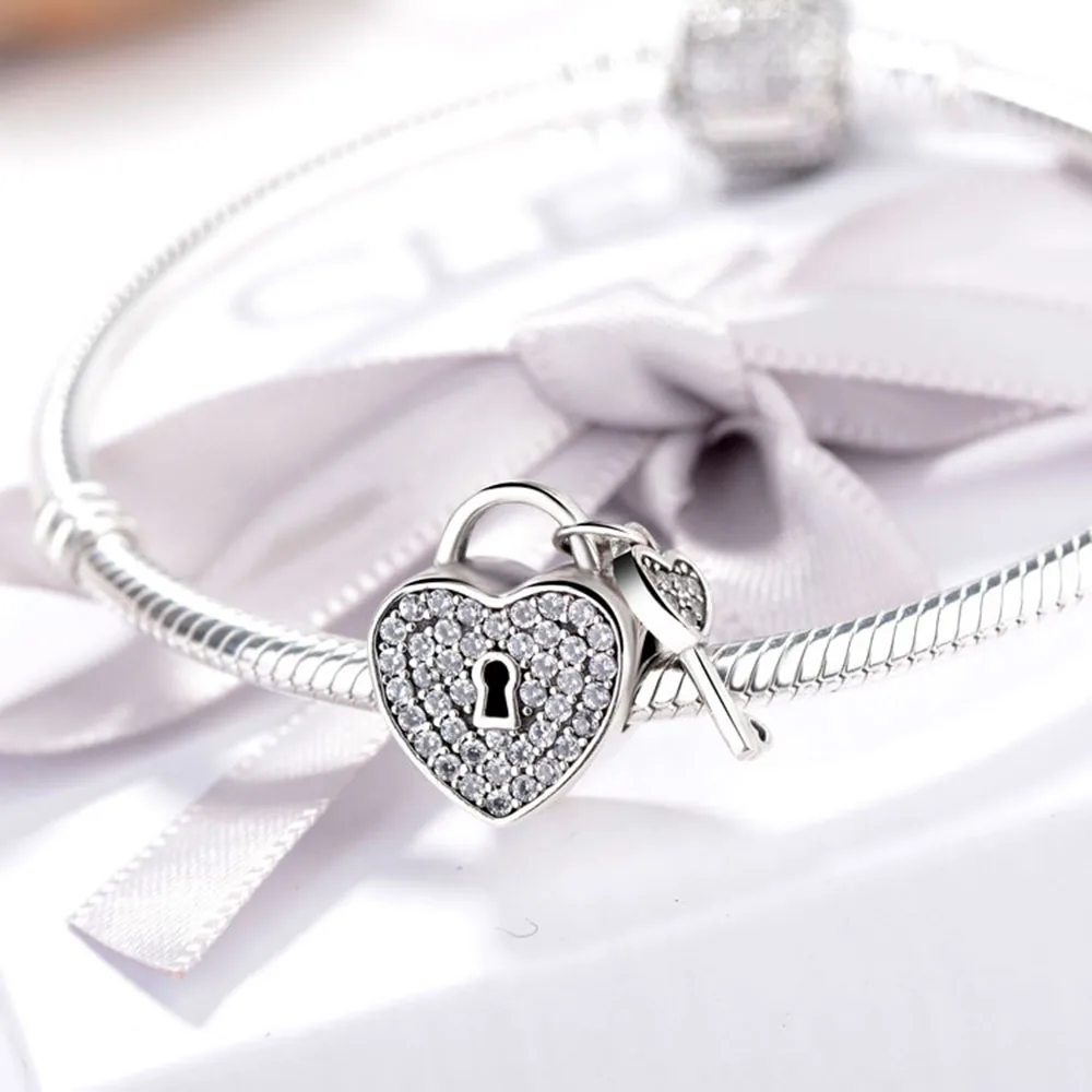 Authentic 925 Sterling Silver Charm Bead Heart Lock Crystal Beads For Original Pandora Charm Bracelets & Bangles Jewelry