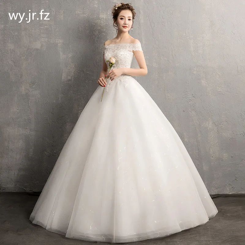 

HMHS-47#Boat Neck Bride's wedding dress Ball Gown lace up long wholesale cheap women clothing party prom marry dresses White