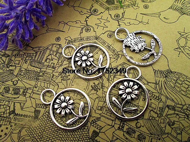 20pcs-Flower Daisy Charms, Antique Gold 2 sided Flower Daisy Charms  Pendants 17x21mm