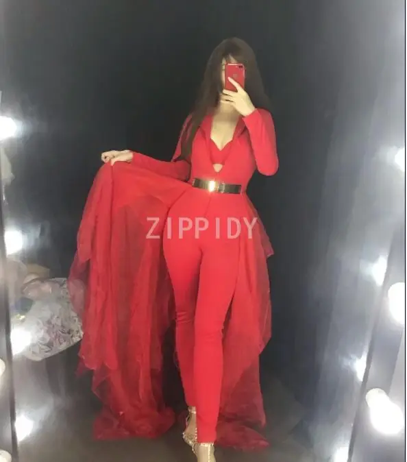 Maniche Lunghe di modo Delle Donne Rosse Di Compleanno Vestiti DS Danza Tuta Della Maglia Del Reggiseno Coda Vestito Cantante di Nightclub Stage Show Vestito