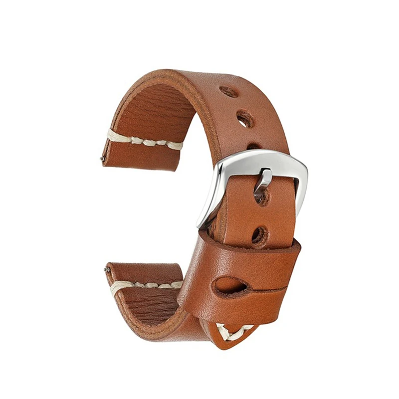 22mm Watch Band Genuine Leather Watch Strap Brown Color Aircraft Buckle Hand-stitched Wax Line Wristban #C