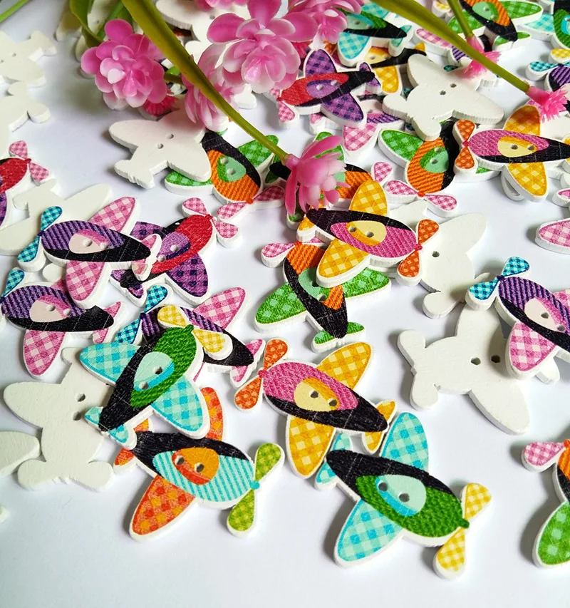 50Pcs/lot aircraft Flower Panted Buttons Mixed Buttons for Sewing, Scrapbooking, Embelishments for Crafts 30*31mm 2 Holes